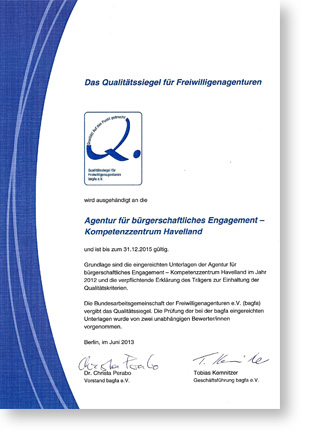 Urkunde f&uuml;r Qualit&auml;tssiegel f&uuml;r Freiwilligenagenturen