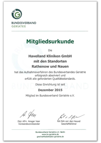 Zertifikat Geriatrie für die Klinik Nauen und die Klinik Rathenow