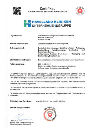 Zertifikat Zertifikat-ISO-9001-13485_2021 Zentralsterilisation / Funktionsdiagnostik