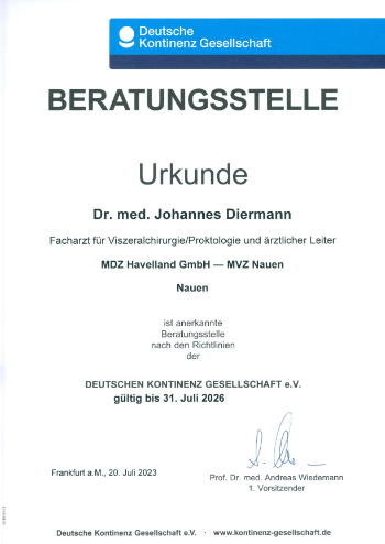 Urkunde für Dr. med. Johannes Diermann als Beratungsstelle nach den Richtlinien der DEUTSCHEN KONTINENZ GESELLSCHAFT e.V.