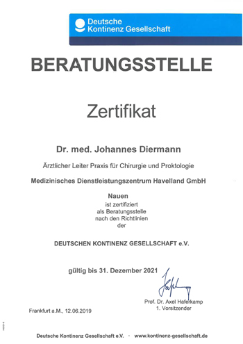 Zertifikat für Dr. med. Johannes Diermann als Beratungsstelle nach den Richtlinien der DEUTSCHEN KONTINENZ GESELLSCHAFT e.V.