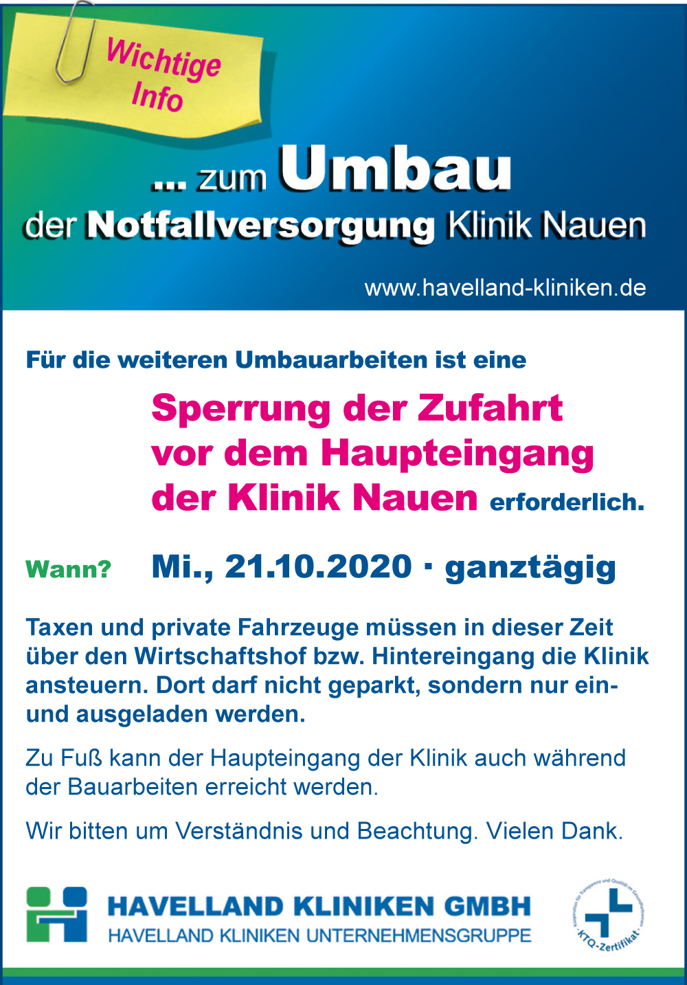 Wichtige Information - Sperrung der Zufahrt vor dem Haupteingang der Klinik Nauen.